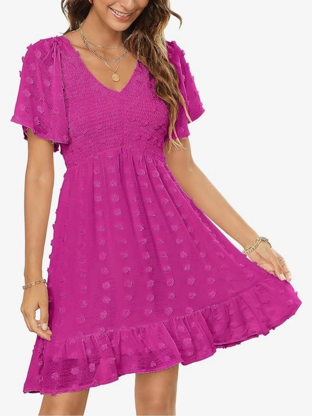 Zattcas Smocked Dress Short Flutter Sleeve VNeck Swiss Dot Babydoll XXL Hot Pink